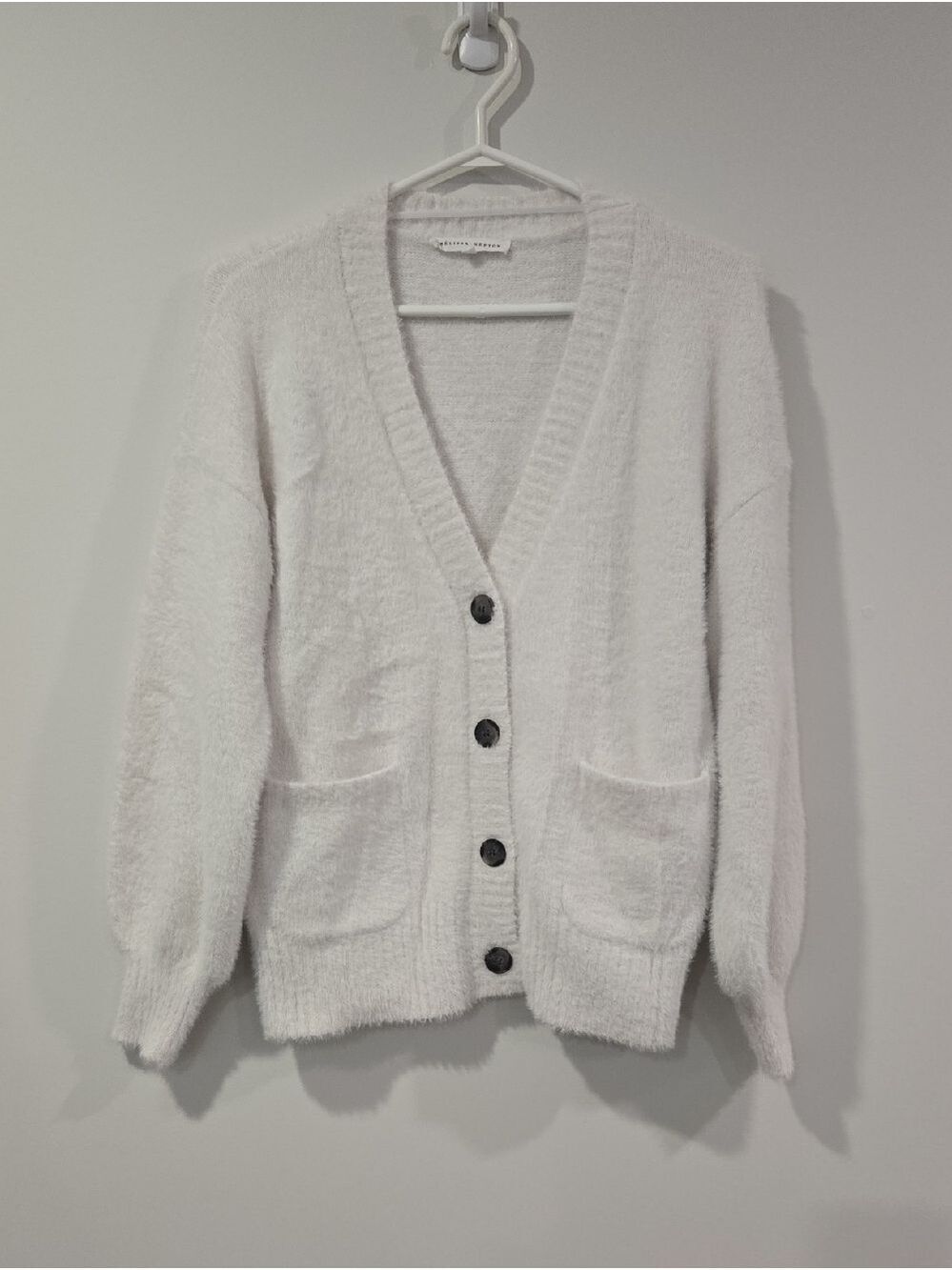 MELISSA NEPTON White Button-Front V-Neck Fuzzy Neutral Cardigan - Picture 9 of 10